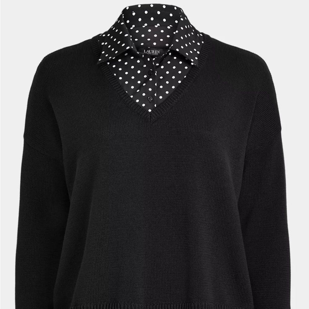 LAUREN RALPH LAUREN Black Label Womens Size M Layered Polka-Dot V-Neck Sweater